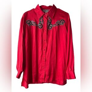 Vintage Western Red Silk Shirt by Wanted – Embroidered Pearl Snap Top Size Small